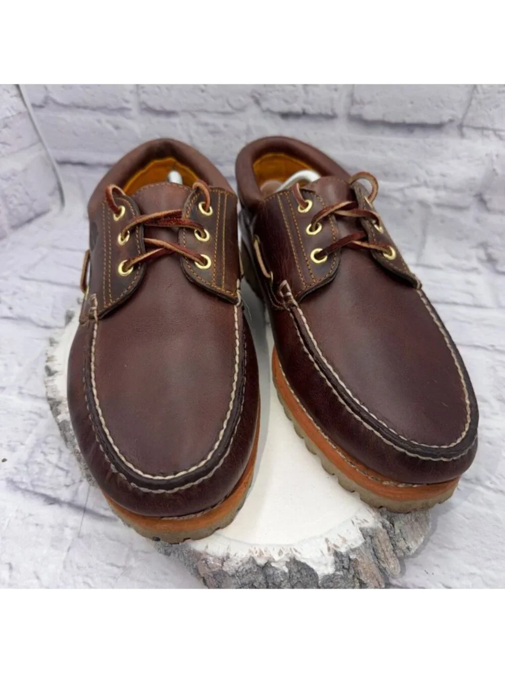 Timberland Mens Authentic 3-Eye Lug Handsewn Brown Leather Boat Shoes Size 12 M